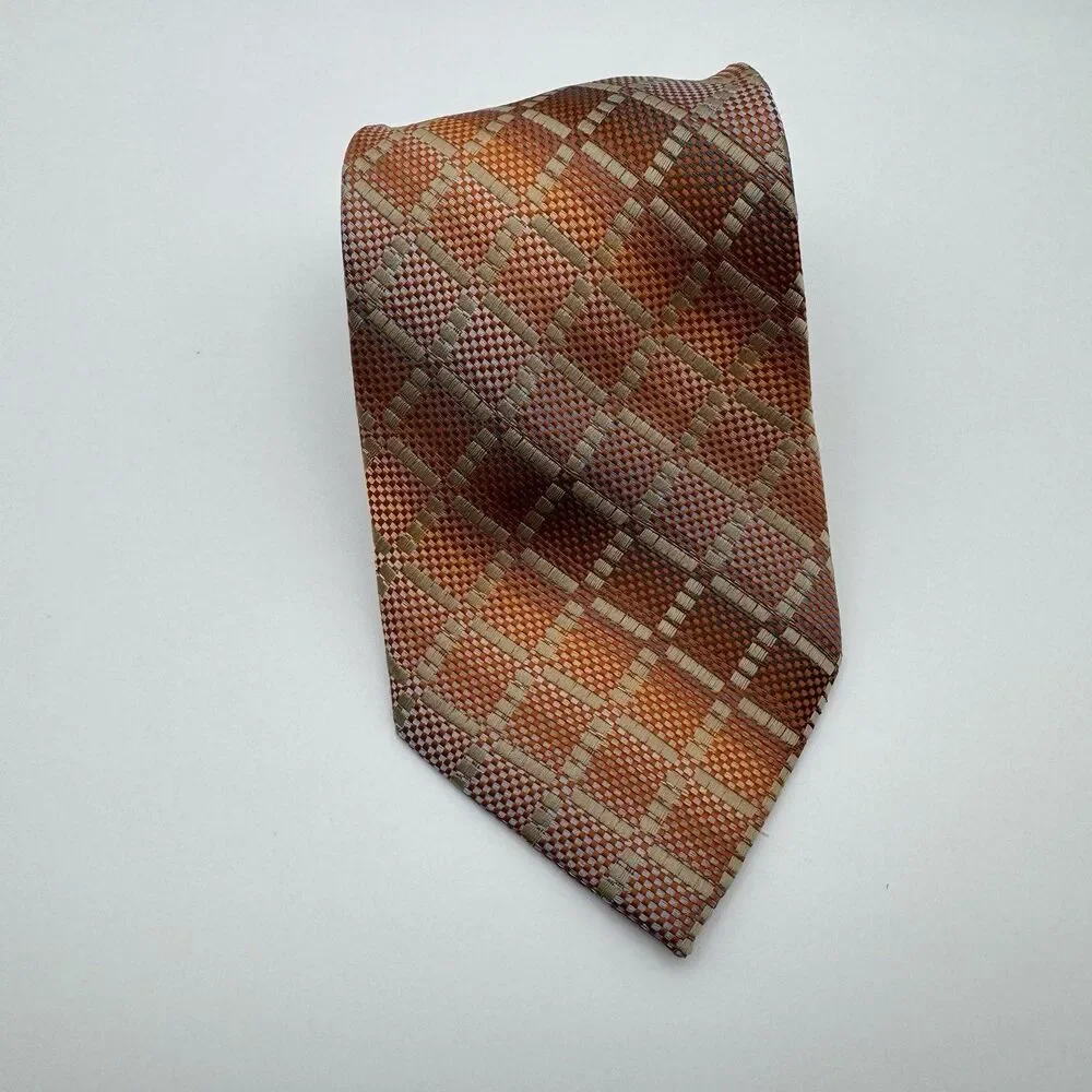 Lucio Lamberti 100% Pura Seta Silk Tie Made in Italy Orange Geometric Plaid 3.75